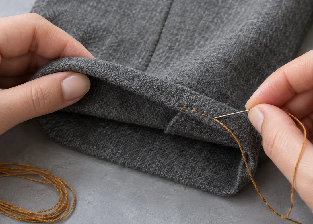 Manos cosiendo a mano el bajo de un pantalón gris con hilo marrón