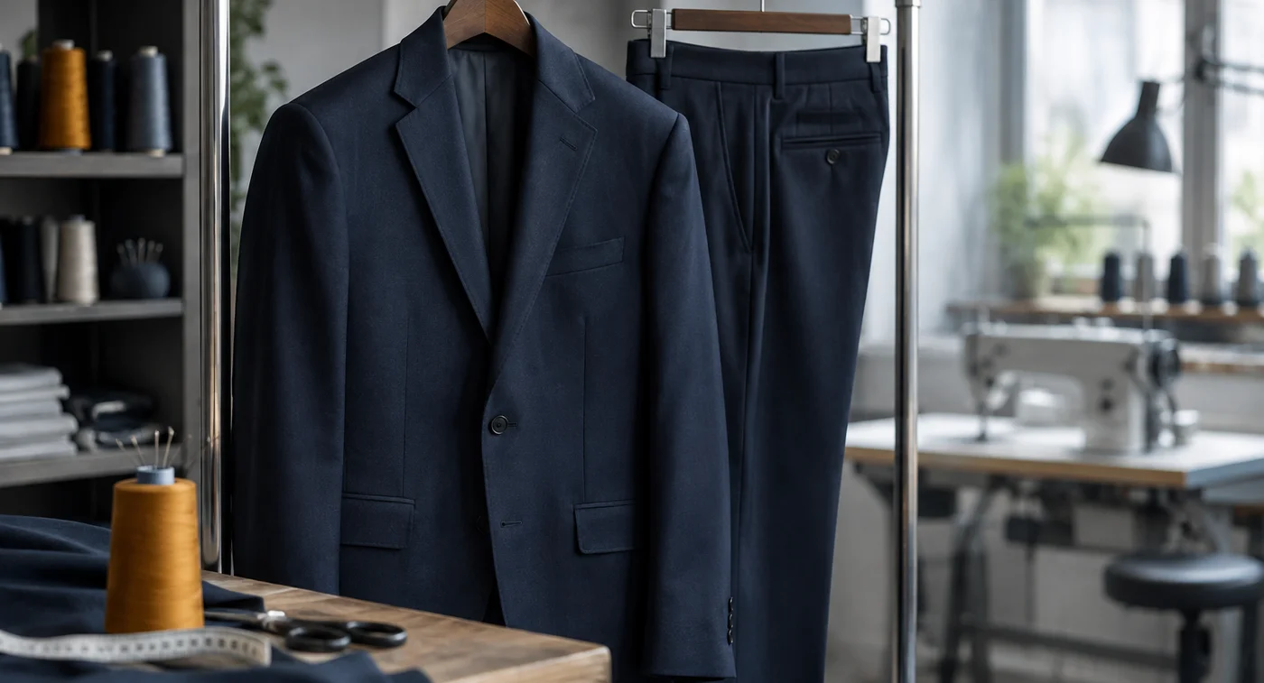 Traje azul marino arreglado colgado en el perchero del taller, con bobinas de hilo al fondo